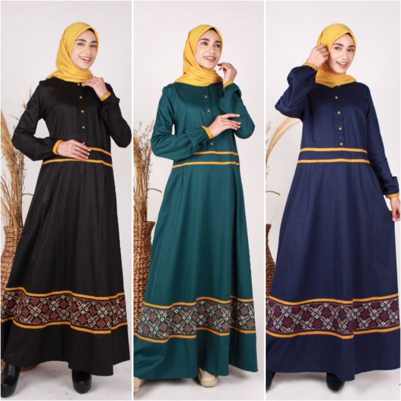 Sale Abaya bordir motif ethnic Dannis Collection black hitam, emerald hijau, navy biru dongker bidon