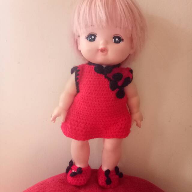 Dress dan sepatu rajut untuk boneka mellchan
