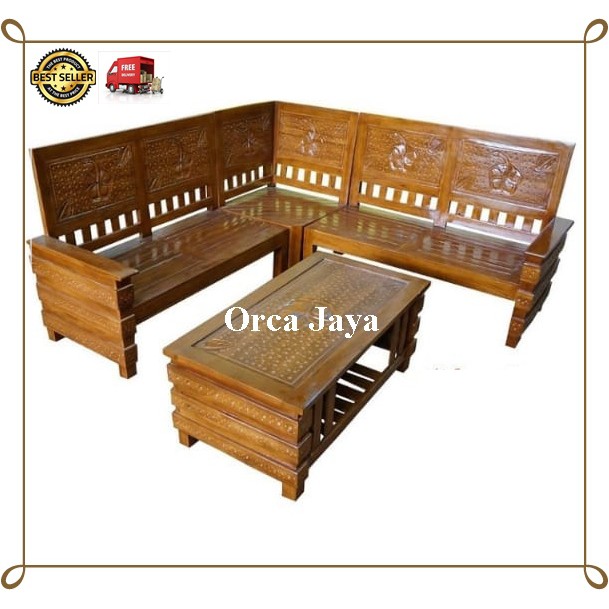 KURSI TAMU/KURSI TERAS KAYU JATI PADMA SET L SUDUT + JOK