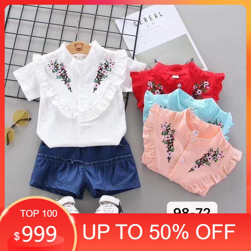 Setelan anak bayi perempuan kemeja+ jeans celana pendek motif bordir bunga set bayi cewek import