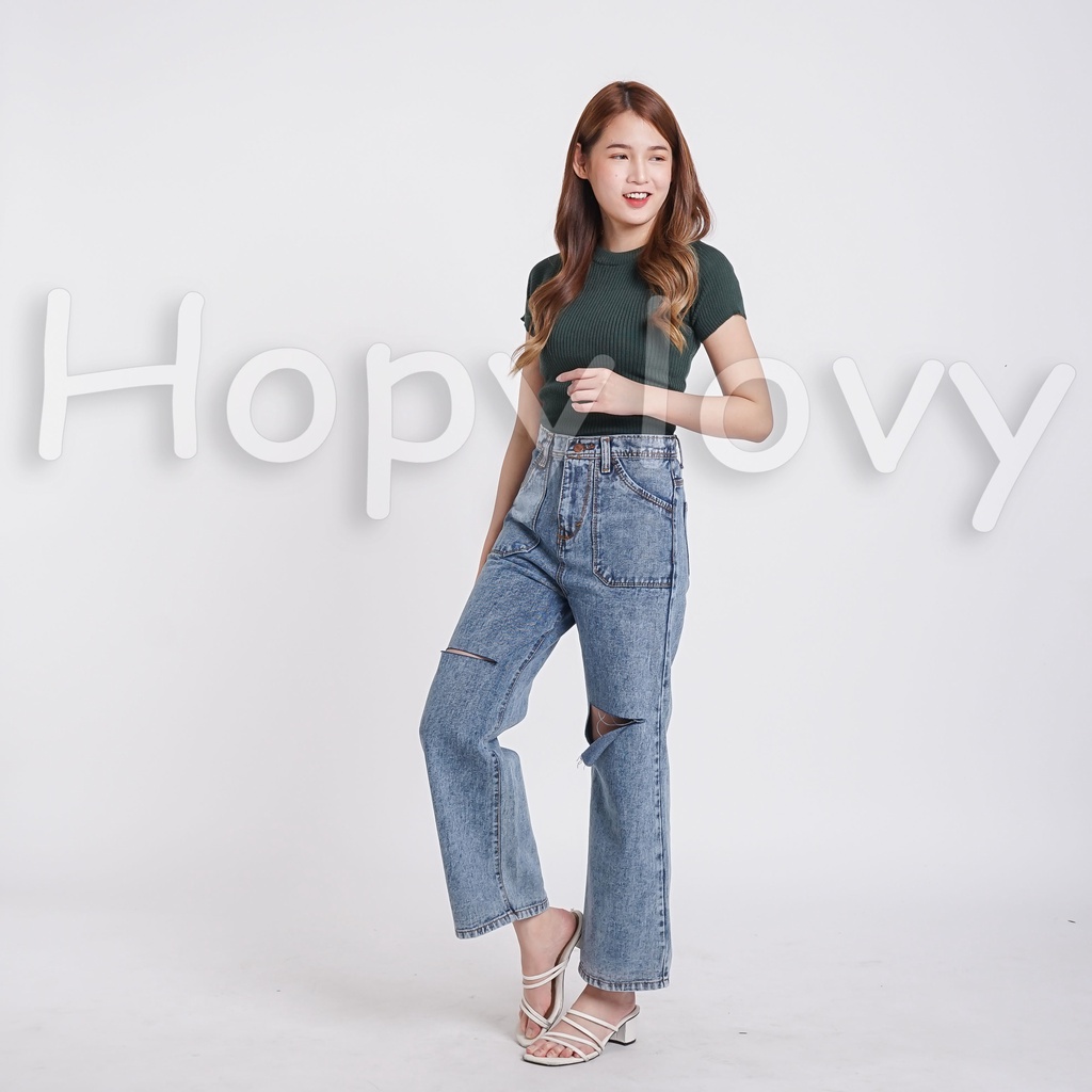 HOPYLOVY Celana Kulot Jeans Wanita Sobek Lutut Highwaist Jeans BF Avika