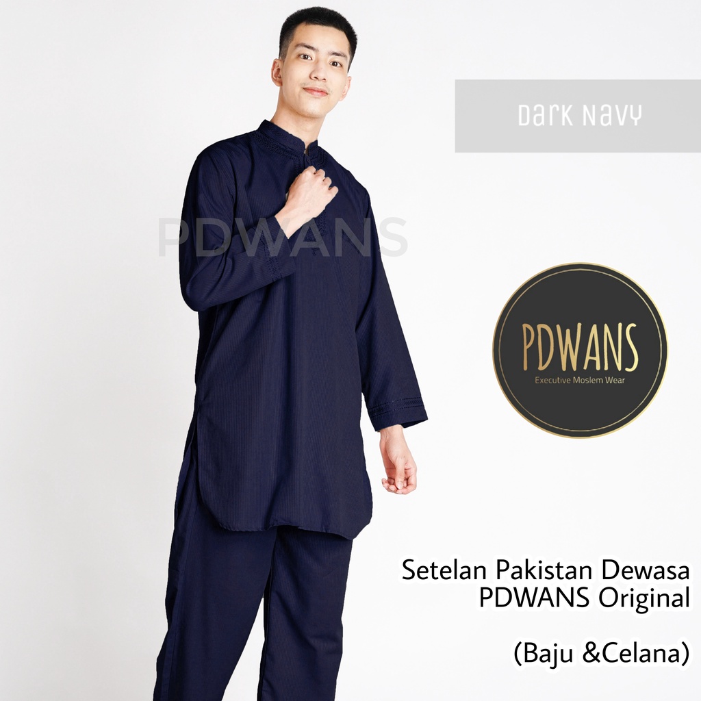 SETELAN PAKISTAN DEWASA Seri WARNA Baju Koko Bordir Muslim BAJU UMROH Pria - PDWANS PAKISTAN-WRN-NAVY