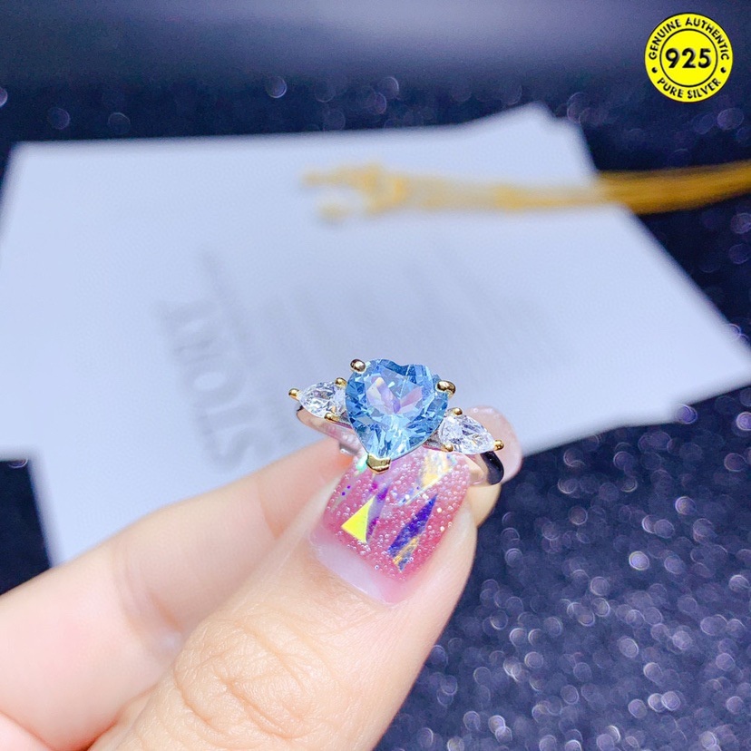 Cincin Batu Permata Topaz Biru Langit Bentuk Hati Model Terbuka