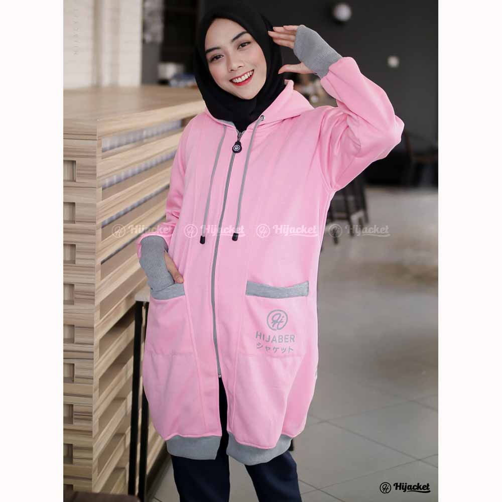 Jaket Jacket Hoodie Panjang Muslimah Wanita Cewek Jeket Hijaber Kekinian Abu Tua Pink Hijacket YK-Baby Pink