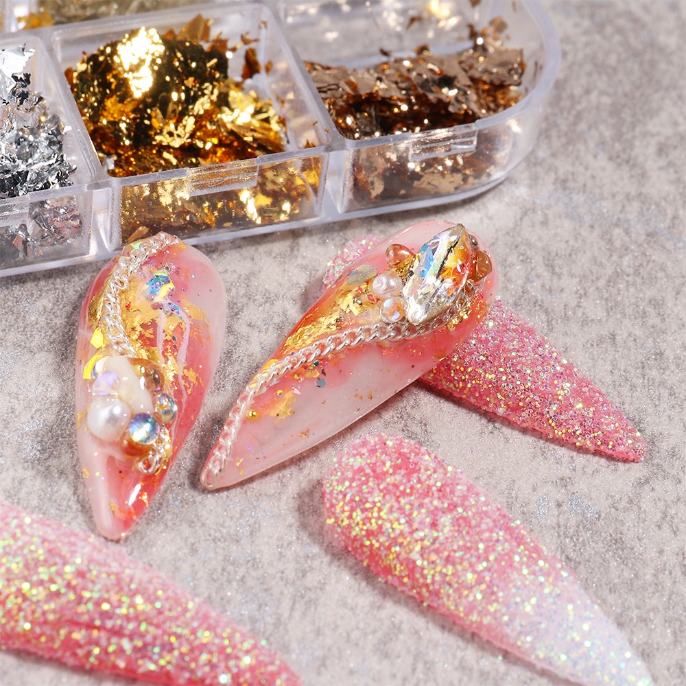 6 Sekat / Kotak Stiker Foil Glitter Sequin Asimetris Emas dan Perak Warna Dekorasi Nail Art Diy