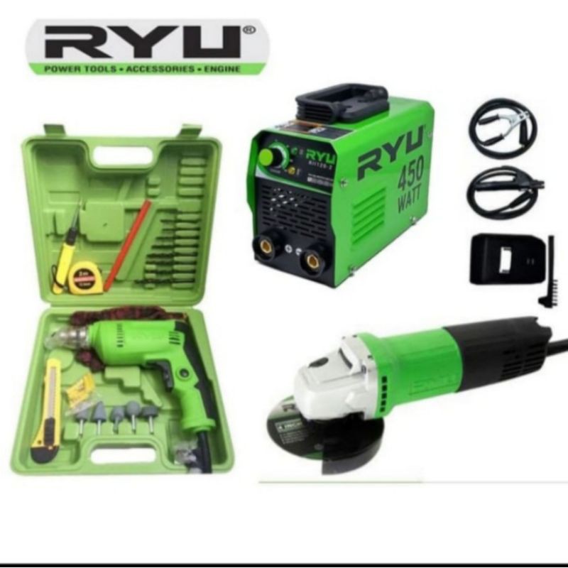 Paket (3in1)mesin las RYU 450watt+Gerindra RYU 4"+ BOR Koper 22pcs(Lengkap mata bor)