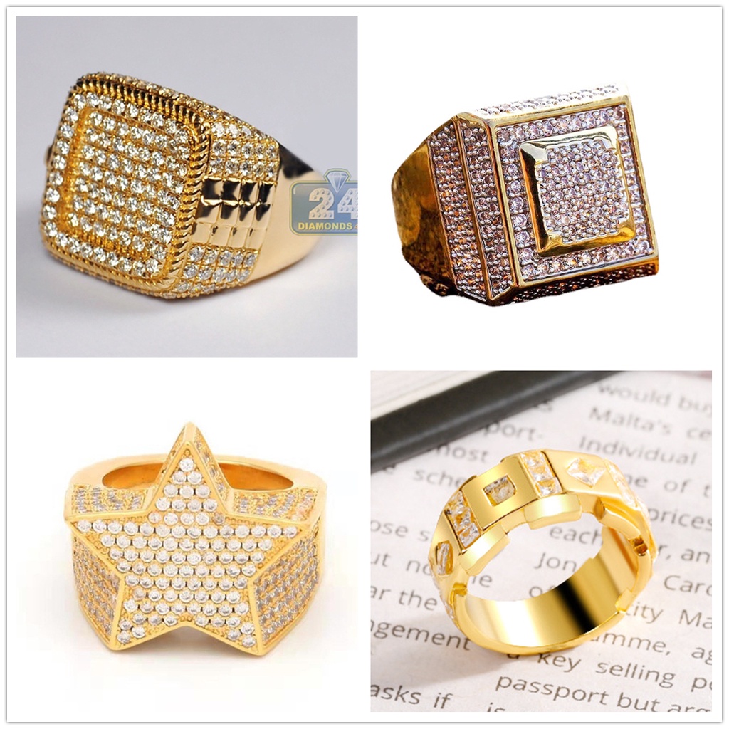 Cincin Pria Lapis Emas Bentuk Bintang Aksen Berlian Korea Style Untuk Cincin Titanium Pria Anti Karat Asli Cincin Emas