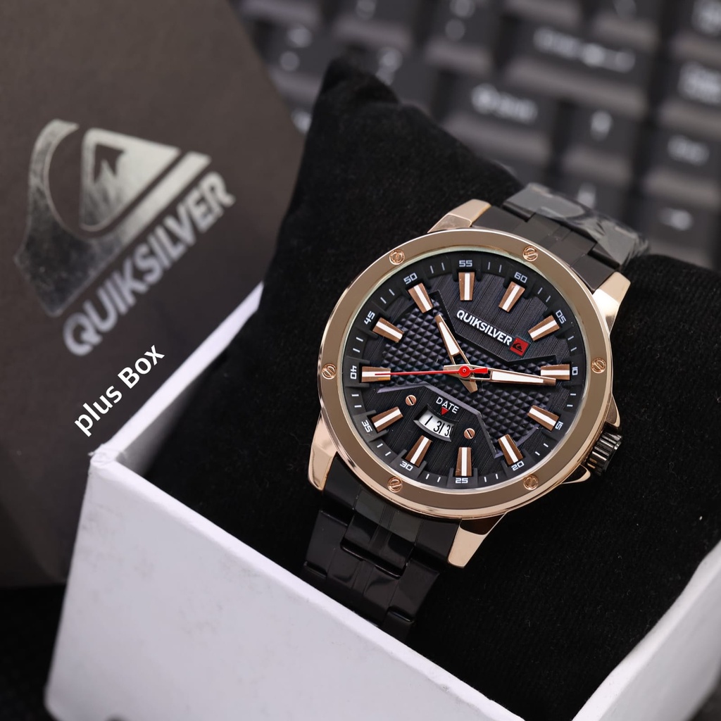 JAM TANGAN PRIA QUIKSILVER RANTAI STAINLESS TANGGAL AKTIF FREE BOX QUIKSILVER & BATERAI CADANGAN || 