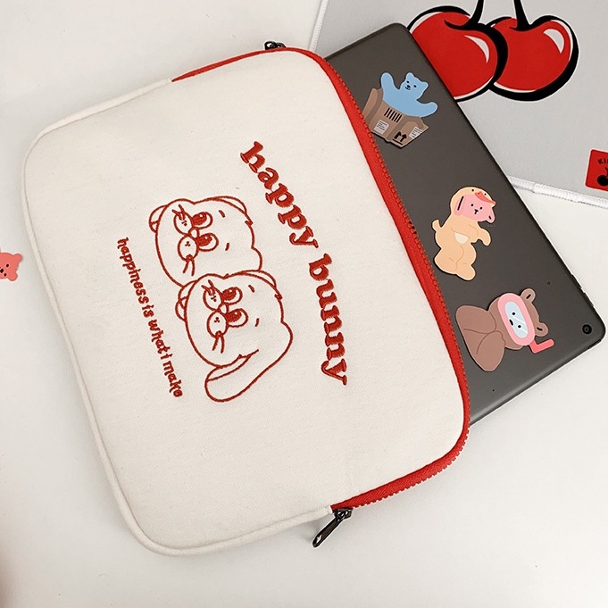 Sleeve Pouch Sarung Tas Bag Case Ipad Tab Tablet Macbook Air Pro Laptop Asus Acer Lenovo HP Huawei 11 12 13 14 15 inch Motif Gambar Kelinci Rabbit Twin Bunny Warna Putih Merah Lucu Cute Murah Korean Model