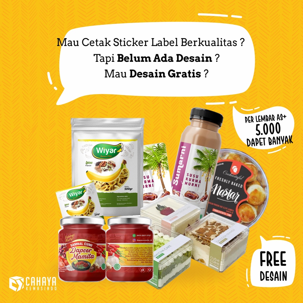 

Cetak Sticker Label Makan Minuman Snack Kue Kering Kemasan Toples Jar Full print Custom Gratis Desain
