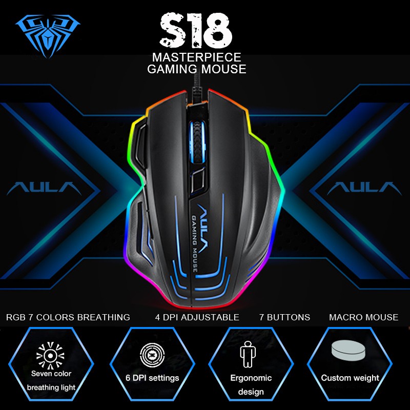 Mouse Gaming AULA S18-RGB-Sensor Sunplus 6698A-6400DPI-Macro-AULA S-18