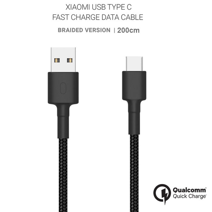 USB Type C Braided Cable 200cm Kabel Data support Turbo 27W