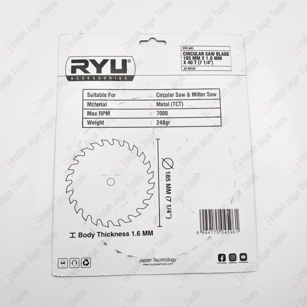 RYU 7 X 40T Circular Saw Blade - Mata Pisau Potong Gergaji Kayu Wood