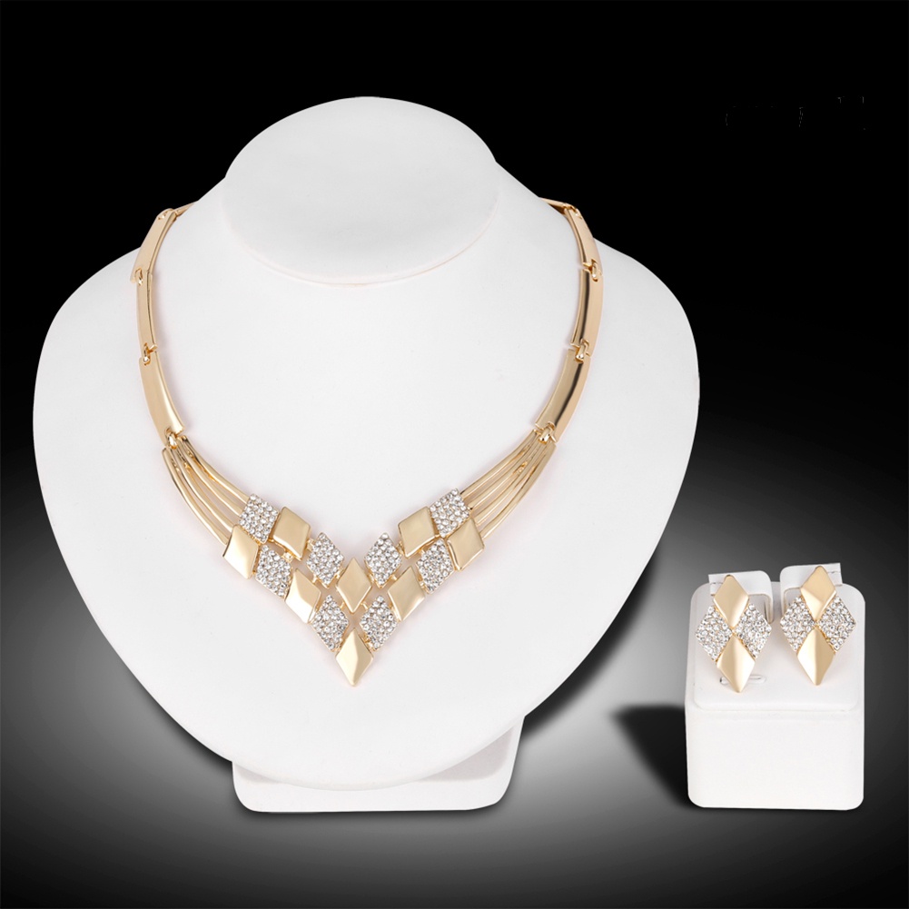 OW@ Women KC Gold Plated Rhombus Shape Necklace Earrings Rhinestones Jewelry Set