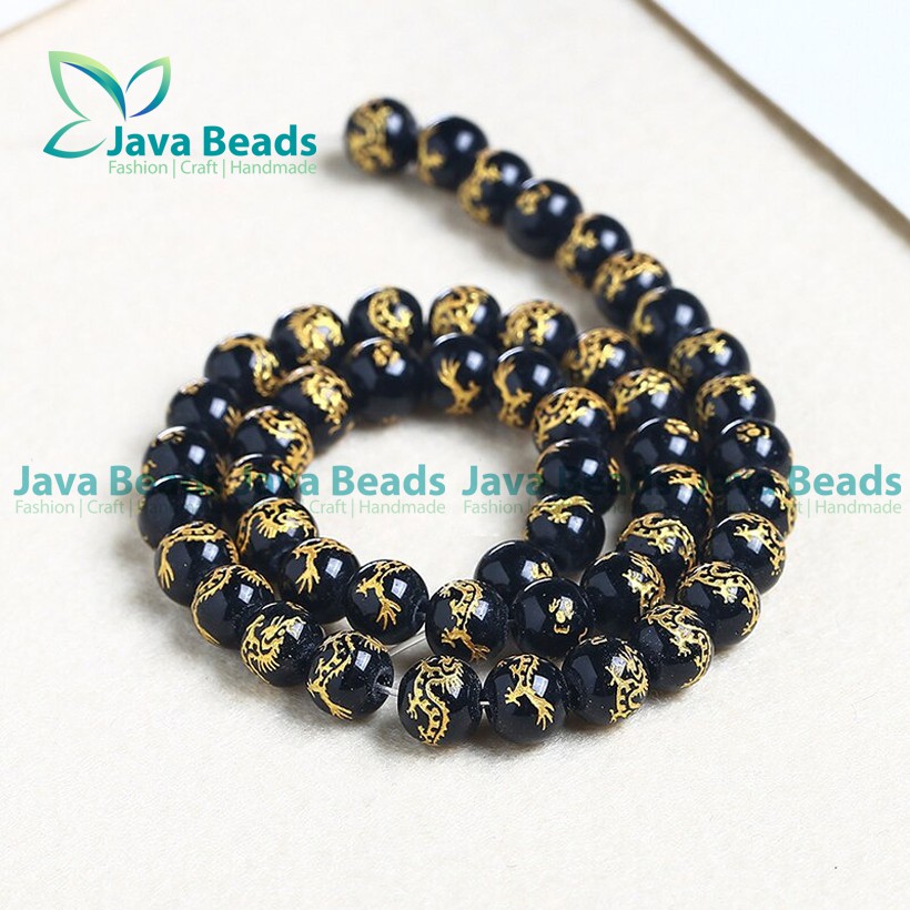 Batu Tibet Naga Glass beads Black Color Carved With Gold Silver Color Dragon Beads