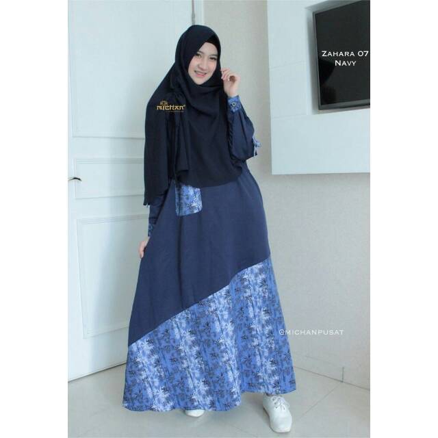 Gamis Balotelli mix Katun Jepang Syari Polos Kombinasi Motif Bunga Murah  Zahara Dress by Michan