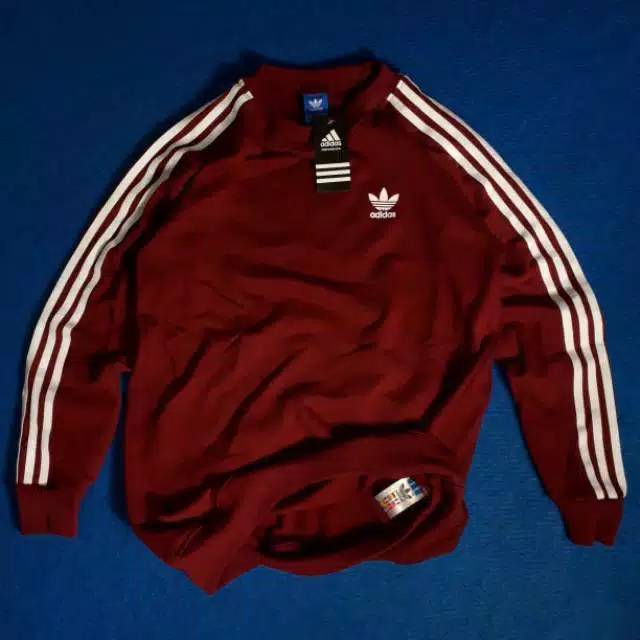 JAKET ADIDAS CREWNECK MAROON STRIP PUTIH