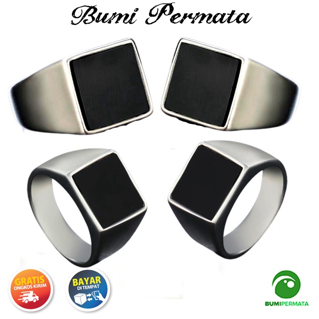 Batu Cincin Akik Black Onyx Kotak Model Ring Stainless Steel Polos