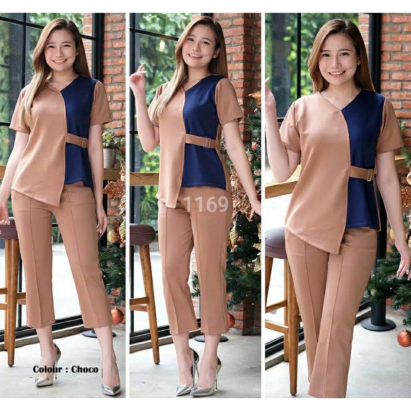 SETELAN YULI XL WANITA SET WANITA FASHION 1169 V NECK KOMBINASI