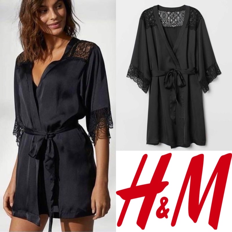 H&m hnm hm black lace satin kimono tidur slip dress with belt