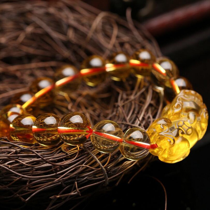 Gelang Manik-Manik Citrine Pixiu Keberuntungan Ukuran 10/12/14Mm Untuk Kado Ulang Tahun