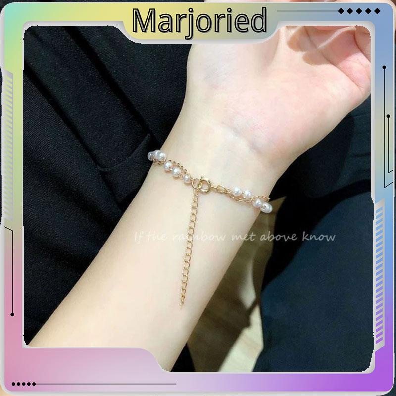 Fashion Korea Wanita Temperamen Manis Gelang Aksesoris Perhiasan Gelang Mutiara Ganda Sederhana-MJD