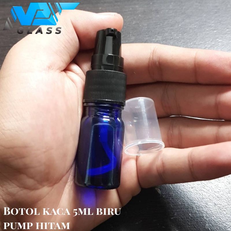 botol kaca 5ml pump / botol kaca 5ml tebal biru treatment pump hitam