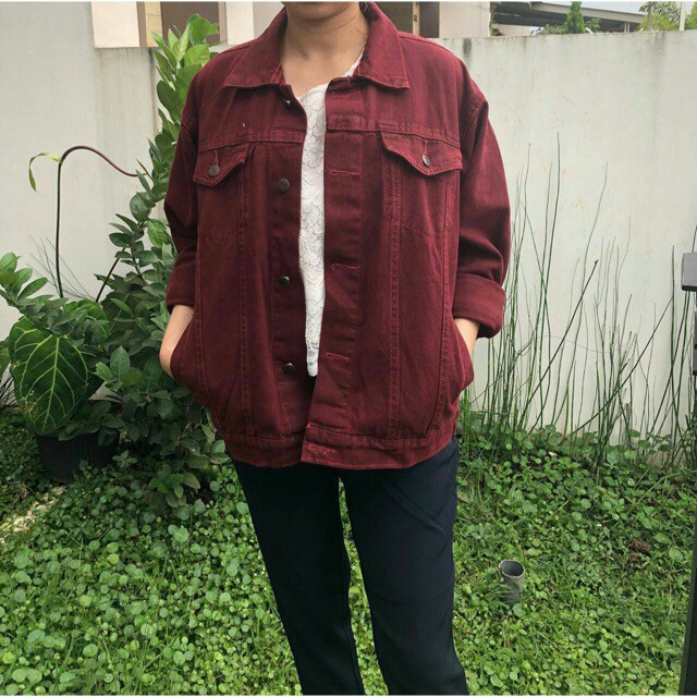 Jaket Jeans Oversize Maroon/Jaket Jeans Oversize Wanita/Jaket Jeans Jumbo Murah/Jaket Denim Levis