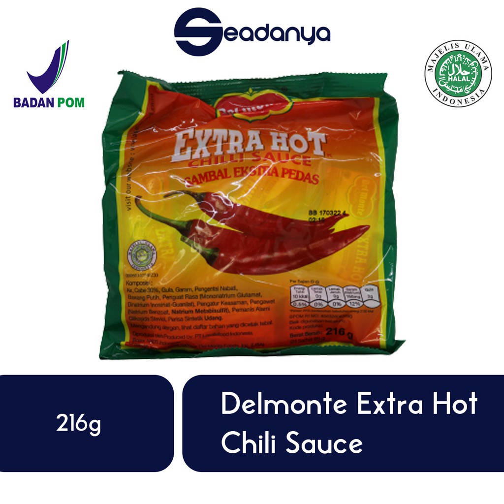

Del Monte Sambal Extra Pedas Extra Hot Delmonte 24 Sachet @9g - Halal MUI BPOM