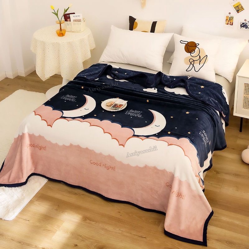 Selimut Dewasa Bulu Halus 150x200 Motif Keren Asriyasashii Terlaris  Termurah Berkualitas-BULAN PINK 140x190