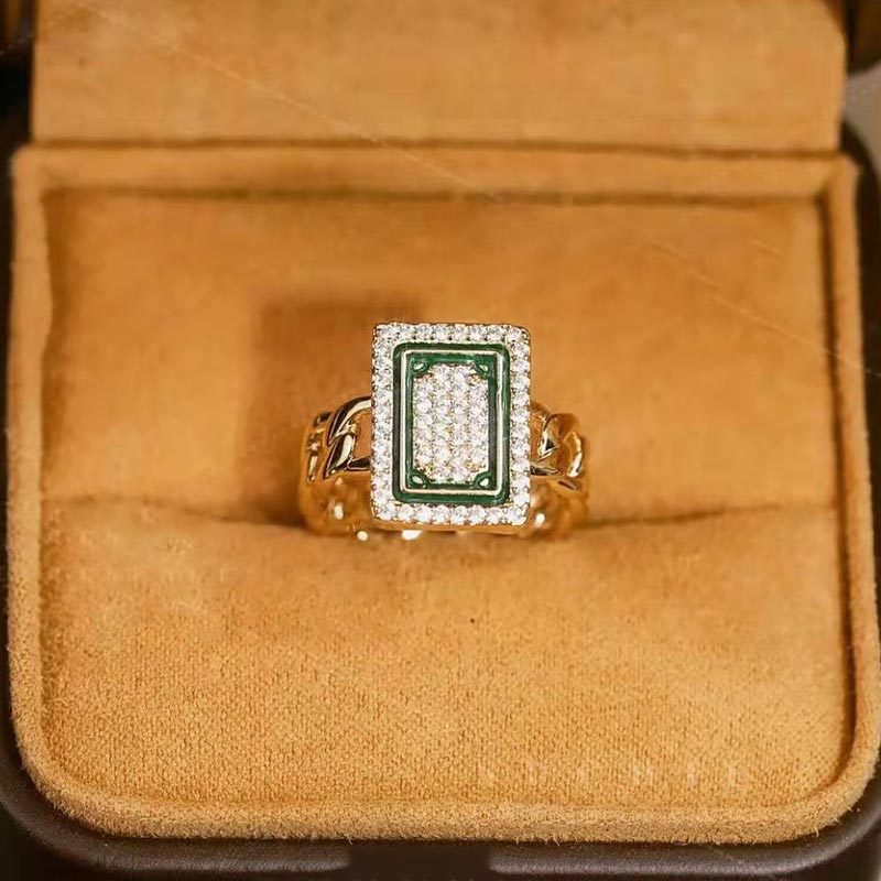 Cincin Model Terbuka Desain Mahjong Aksen Berlian Untuk Wanita