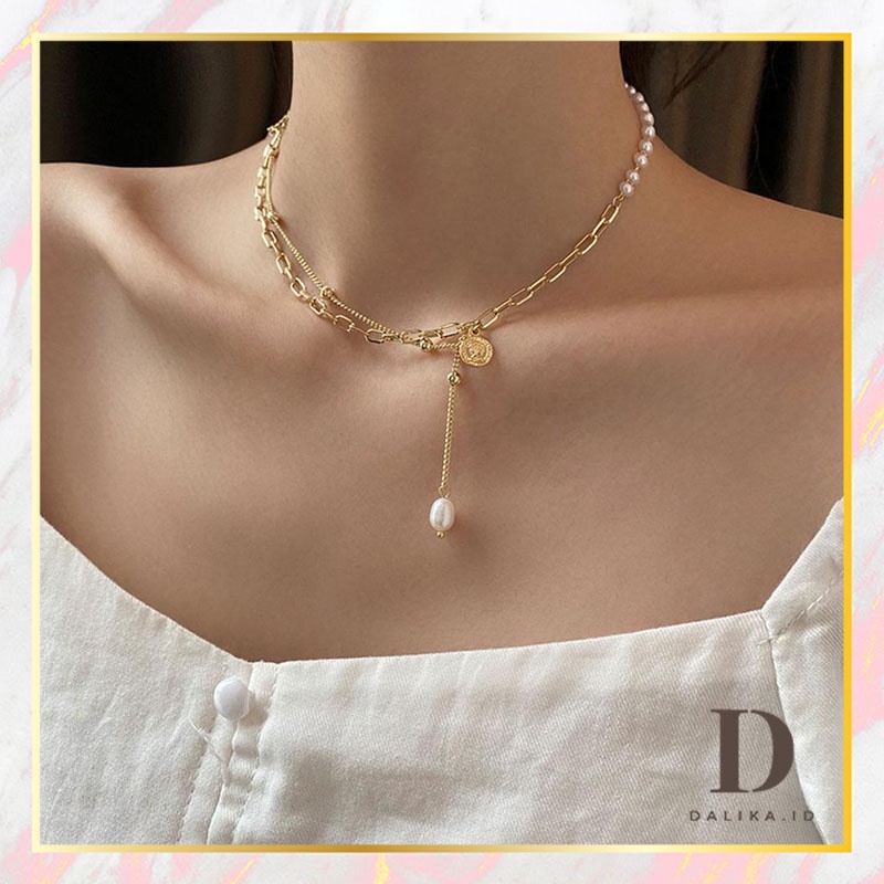 Kalung Mutiara Wanita Pendant Emas Rantai Choker Retro Perhiasan Aksesoris Dalika