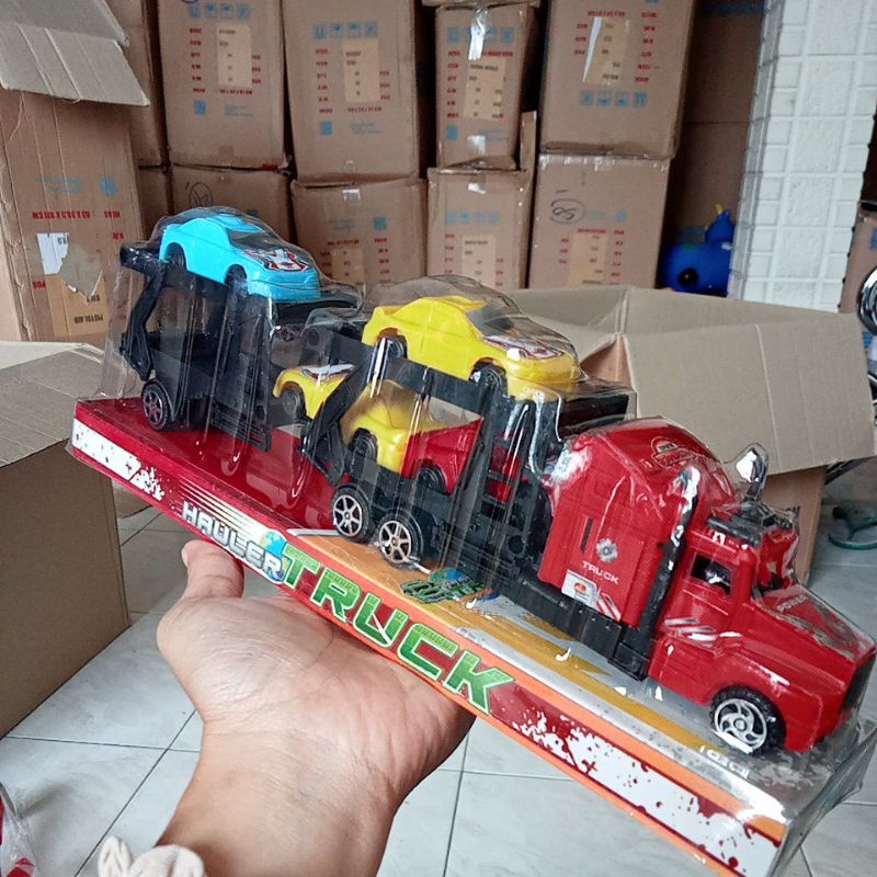 Mainan Truck Hauler Truk Motifity Tronton Scania Kontainer Gandeng Muat Mobil 4pc OCT6036 / 7036