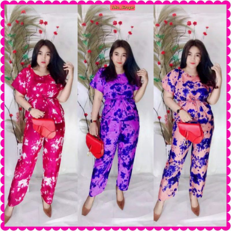 DASTER SET BAHAN RAYON SETELAN WANITA TIE DYE SET CELANA PANJANG TIEDYE BALI BAHAN RAYON BABY DOLL XL LD 110