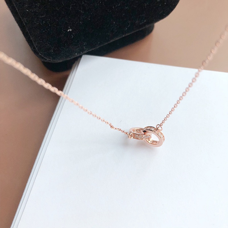 Set Kalung Rantai Klavikula Cincin Ganda Berlian Penuh Warna Rose Gold Silver Untuk Wanita