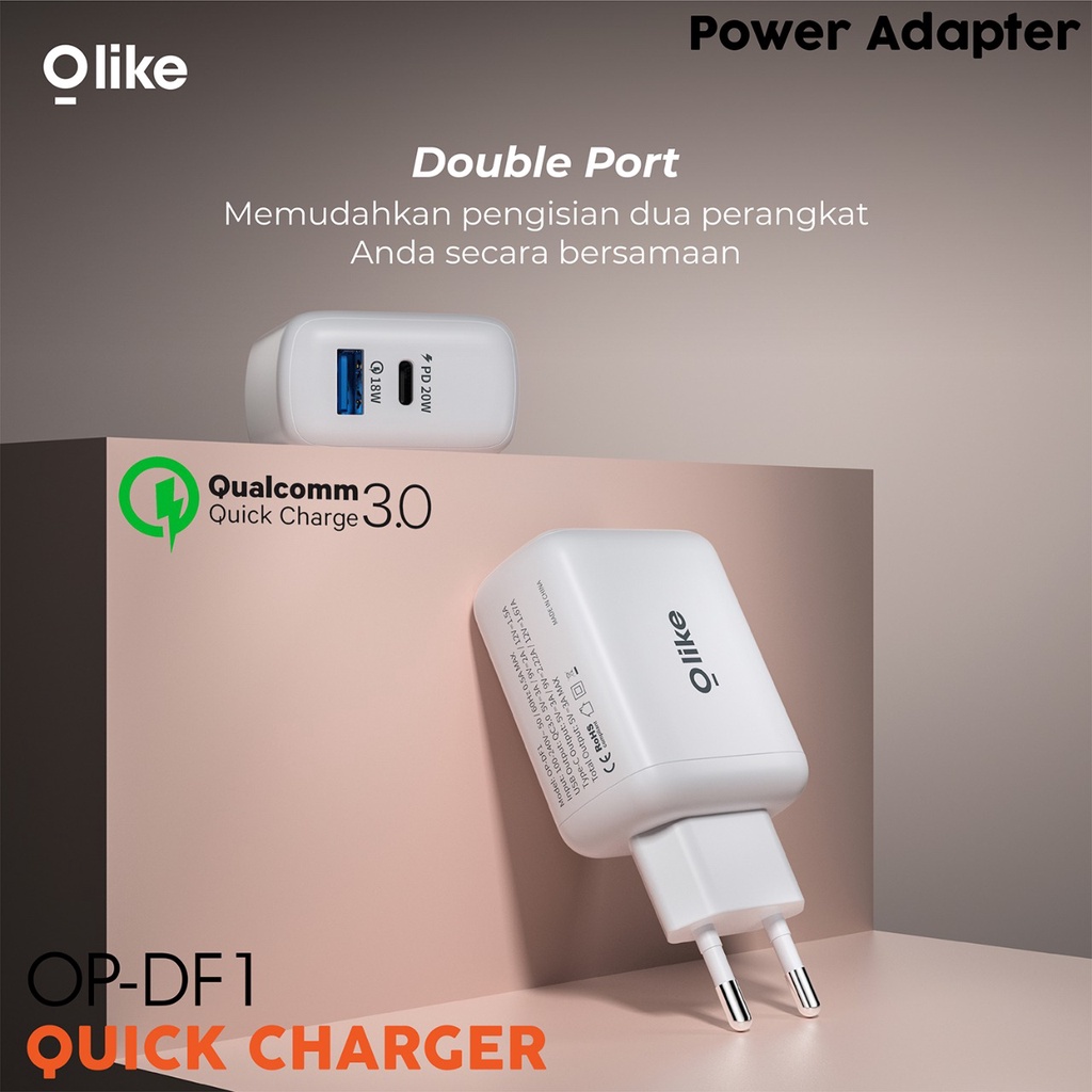 OLIKE Batok Kepala Charger Qualcomm Quick Charge 3.0 Power Delivery 20W Dual Port Batok Casan Garansi Resmi OP-DF1