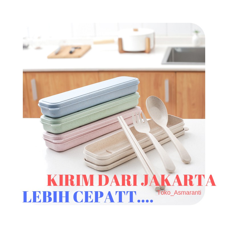 Sendok Garpu Sumpit Portabel Set Travel Cantik Bahan Jerami Gandum (ada kotak kerdusnya)