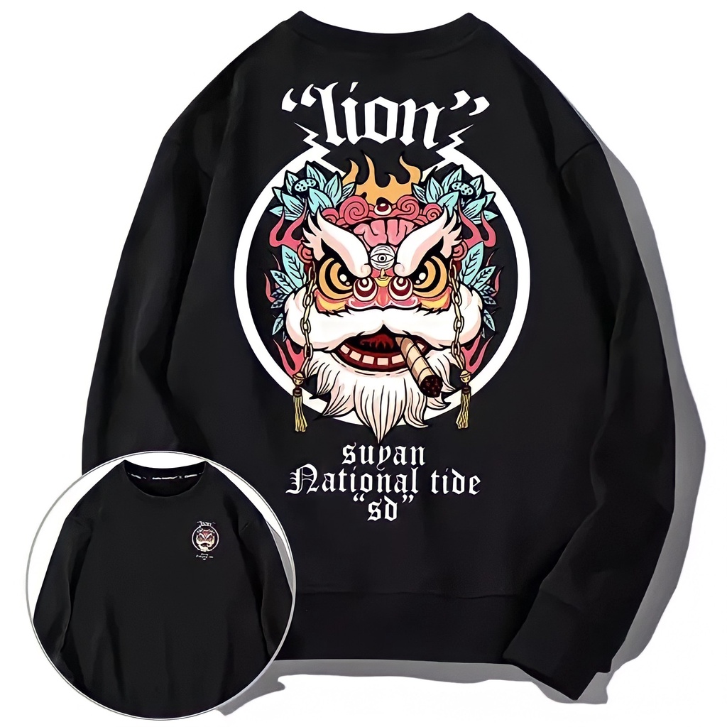Sweater Crewneck Barong Bali Lion King Nation Hitam Cewek Cowok Switer Pria Bahan Flecce Motif Baron