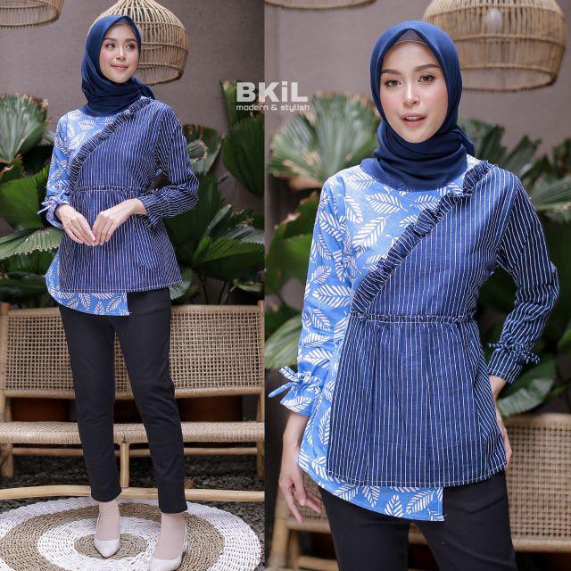 tey-17 Batik wanita ASJ SA HRB026 Kenongo Kemeja Tosca Pendek-Daun Biru