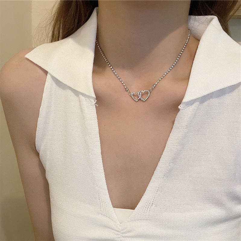 Candy Jewelry Fashion Zircon Choker Rhinestone Double Heart Necklace Short Necklaces Love Clavicle Chain for Women