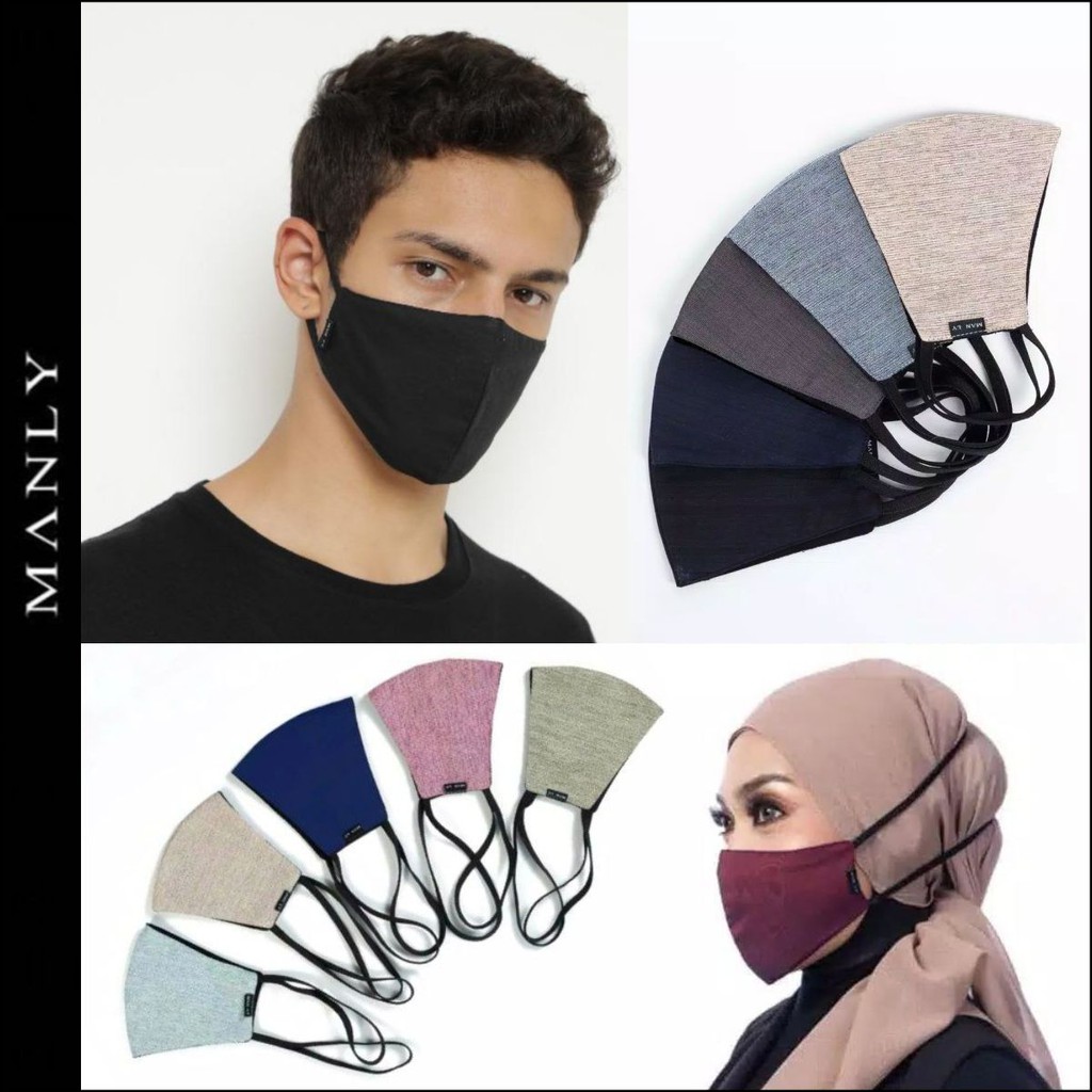 WARNA TERLENGKAP. Masker kain MANLY original 3ply / 3 lapis size S M L earloop / headloop / hijab.