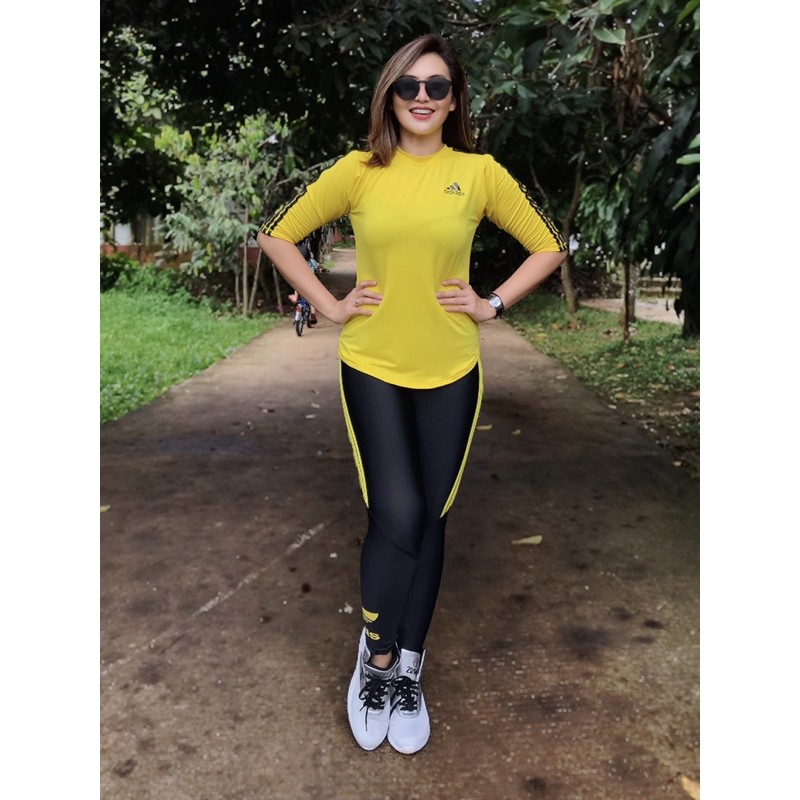 Setelan baju Senam Kuning Hitam atasan Legging 2pcs Include / Baju Senam fitness aerobik Cycling