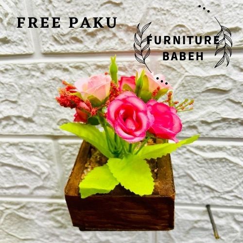 FURNITURE HIASAN RANGKAIAN BUNGA MAWAR MINI SET POT TEMPEL DINDING BUNGA PLASTIK ARTIFISIAL HIASAN DINDING , HIASAN POJOK RUANGAN HIASAN MEJA