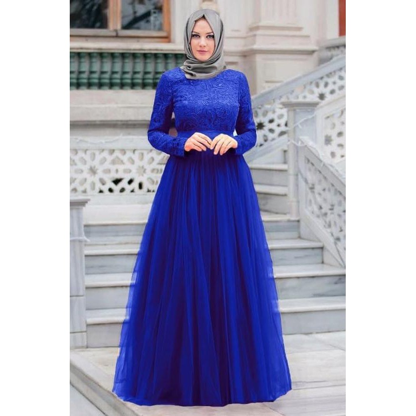 promo gamis pesta brukat biru elektrik / gamis syari terbaru terbaru