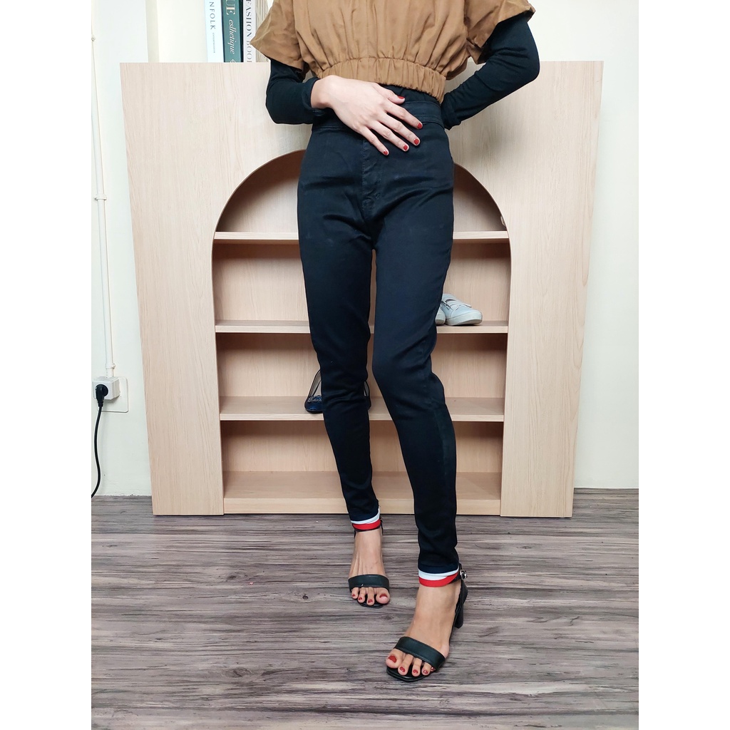 HOPYLOVY SALE - Celana Jeans Stretch Highwaist Wanita List Kaki Karet