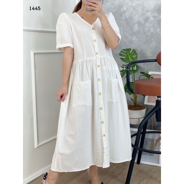 Dress putih / Dress katun wanita busui / casual dress / dress kancing vintage / midi dress button katun linen 1445