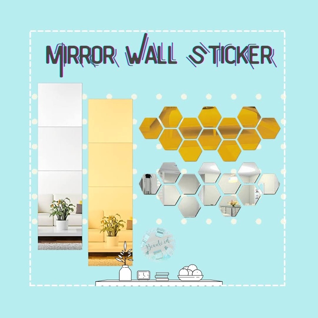 Sticker Dekorasi Dinding Kamar Rumah Kafe 3D Model Square / Hexagon Mirror Acrylic Kaca Akrilik Aesthetic Wall Decoration Stiker Cermin Dekorasi Silver / Gold - 1 PCS