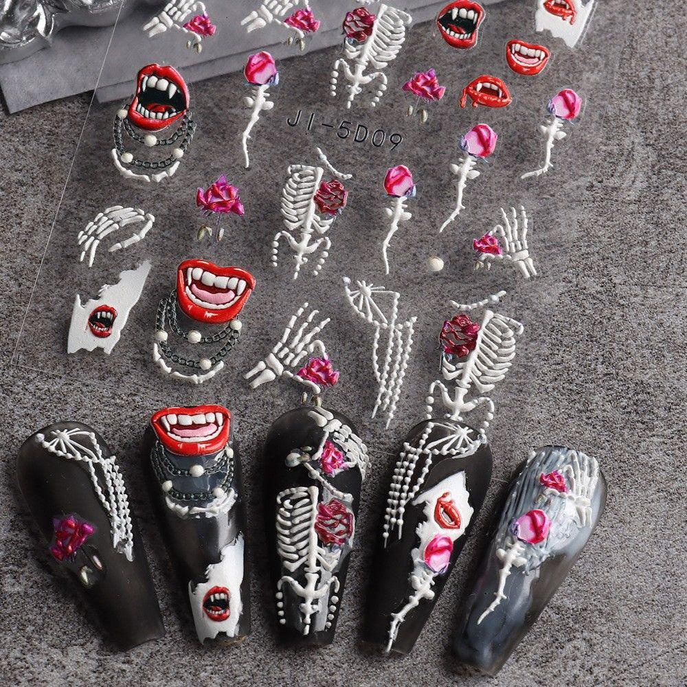 Needway   Kuku Timbul Stiker DIY Darah Horror Mata Mawar Hantu Tulang Kuku Salon Halloween Manicuring Sticker