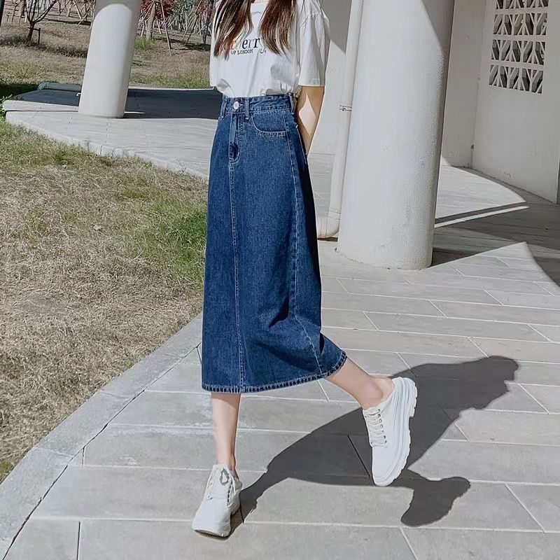 New Korean Rok Jeans Panjang Wanita kembali Slit skirt midi