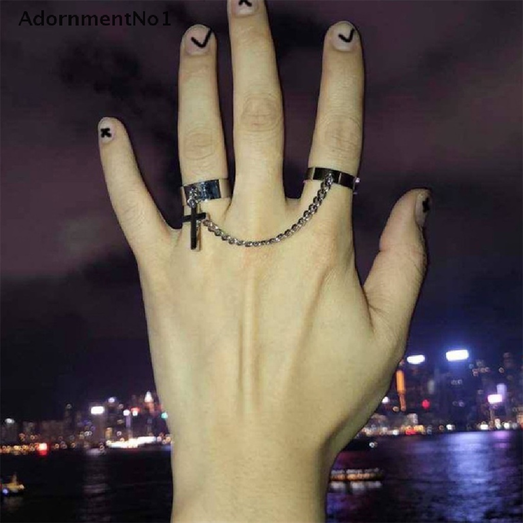 (AdornmentNo1) Cincin Titanium Steel Gaya Hip Hop Motif Salib + Rantai Untuk Perhiasan Pria